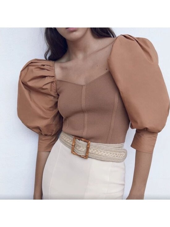 Zara Tops - Zara Womens Poplin Puff Sleeve Nylon Corset Crop Top Size Small Brown SP NWT